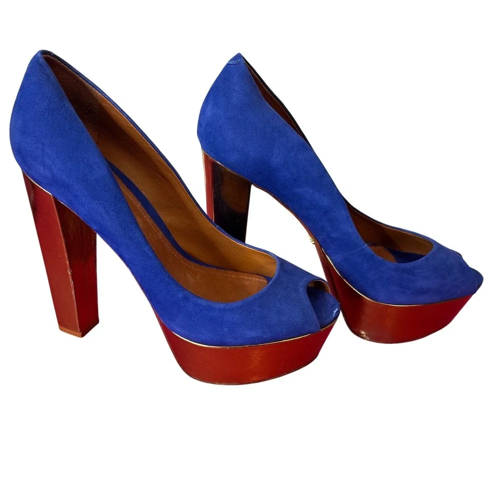 SCHUTZ Women sRoyal Blue Suede‎ Peep Toe Platform Block Heels Size 7